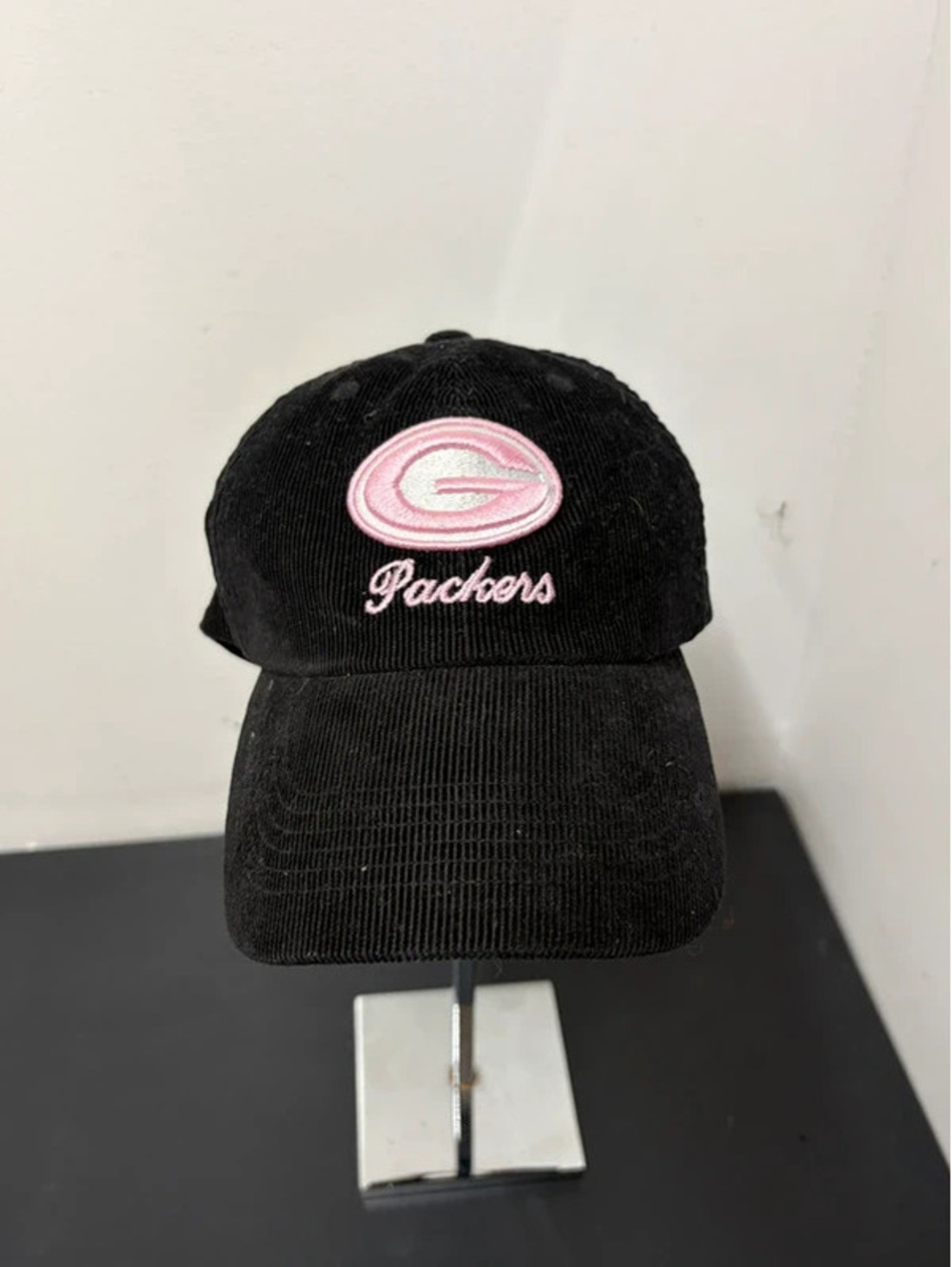 Green Bay Packers Black Corduroy Baseball Hat - Pink & White Embroidered Logo